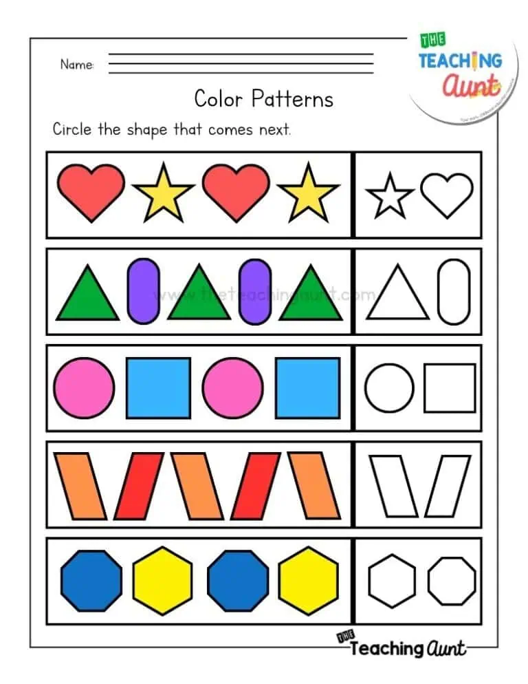 Creative color pattern activity for young learners in physical science grade Pre-K Colorful shapes arranged to form a repeating pattern on a Pre-K worksheet