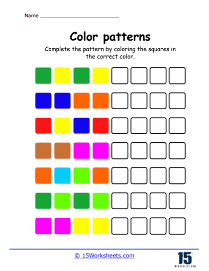Creative color pattern activity for early learners in a fun math exercise Pre-K children making colorful sequences on a physical science worksheet