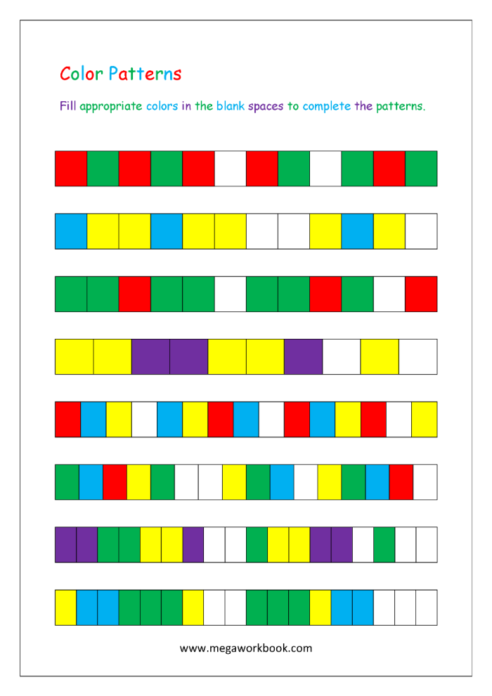 Color Patterns worksheet for young learners exploring sequencing and patterns in Physical Science Pre-K children practicing color pattern recognition with fun pictures on a worksheet