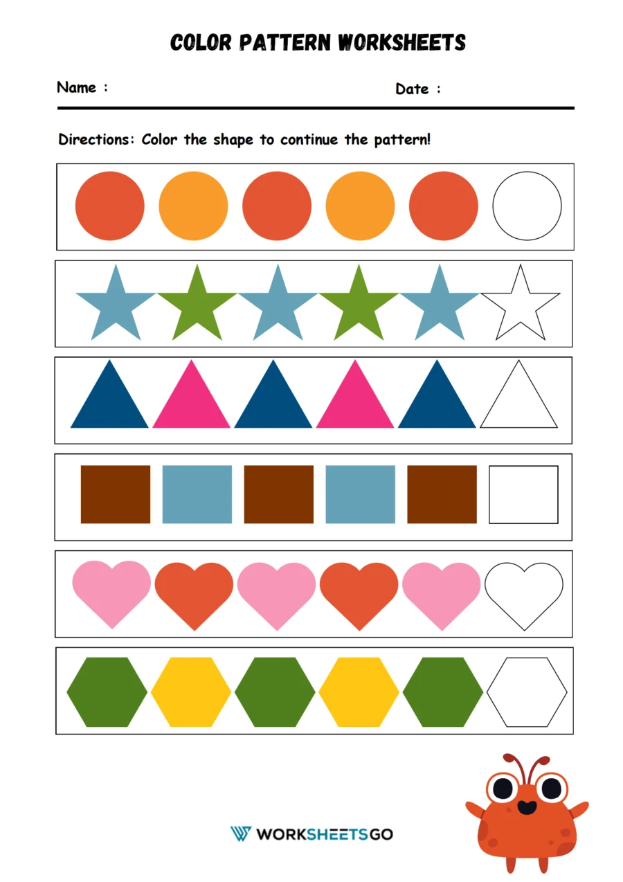 Creative color pattern activity for young learners in physical science class Pre-K children practicing color patterns with pictures in a fun worksheet