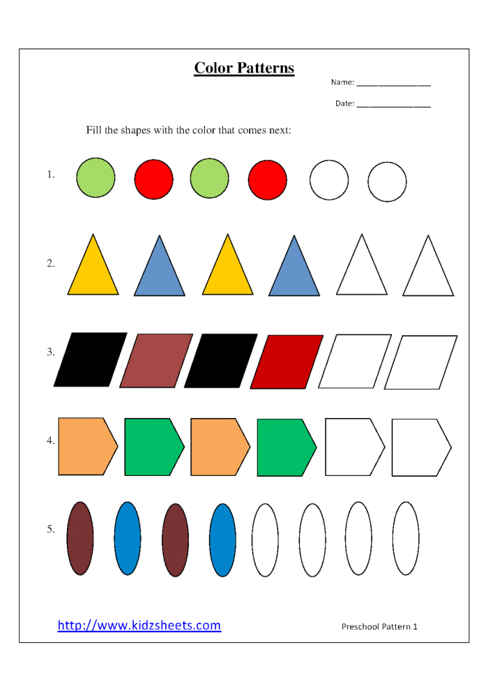Creative color pattern activity for early learners in Physical Science, worksheet 21 Pre-K children practicing color sequence patterns on a worksheet with colorful shapes