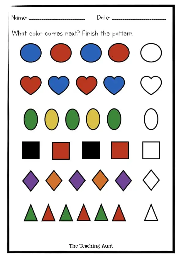 Creative first grade math activity focusing on color patterns and sequencing skills Pre-K children practicing color pattern sequences with fun images on a worksheet