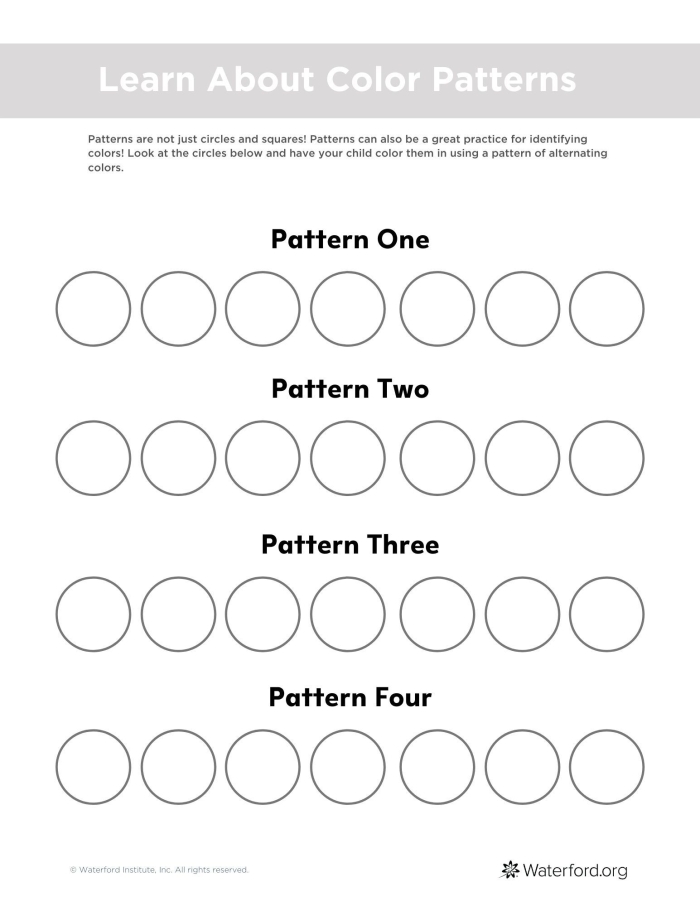 Creative 1st grade math activity focusing on building color patterns, worksheet image 20 Color Patterns worksheet for Pre-K students practicing color sequencing with fun images