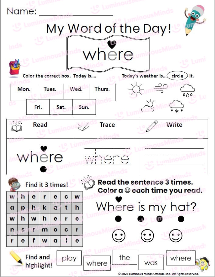 Sight Word Find activity page to help young learners recognize common reading words Pre-K Sight Word Find worksheet featuring colorful words for early readers