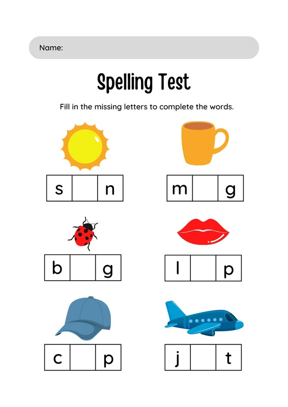 Pre-K student working on a starting spelling assessment worksheet to practice early spelling skills