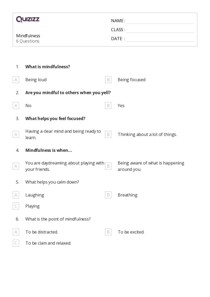 Pre-K Mindfulness worksheet showing emotion adjective cards for exploring feelings