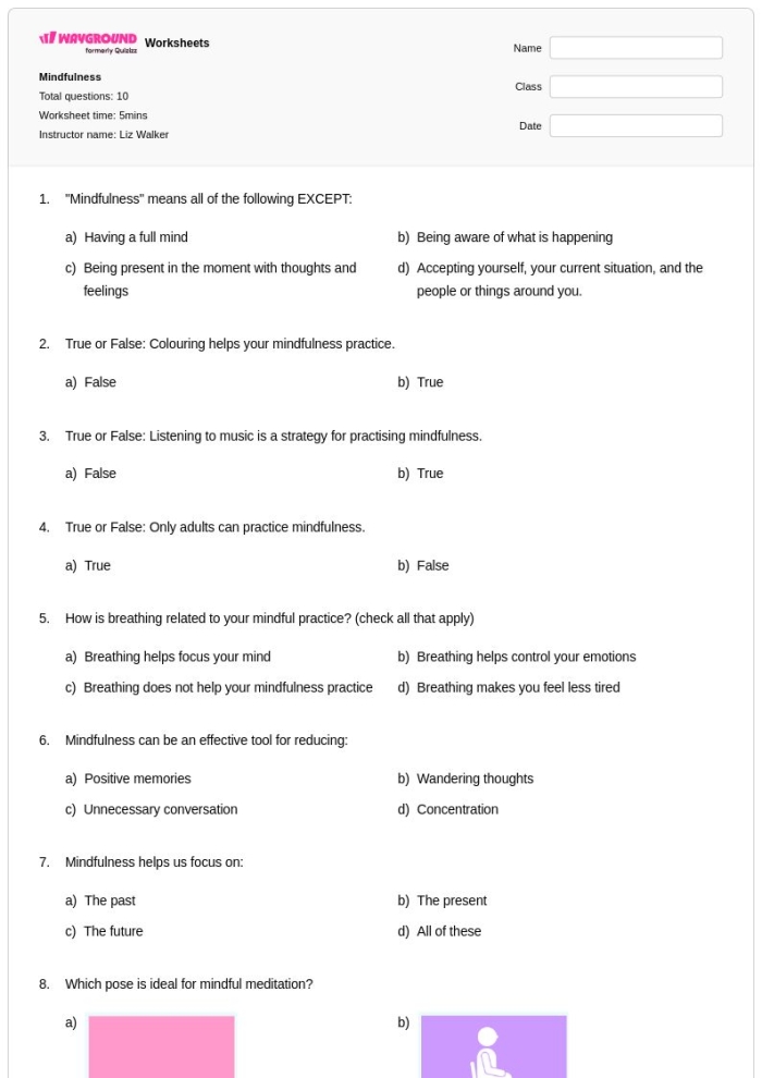 Mindfulness worksheet featuring emotion adjective cards for Pre-K students to identify feelings