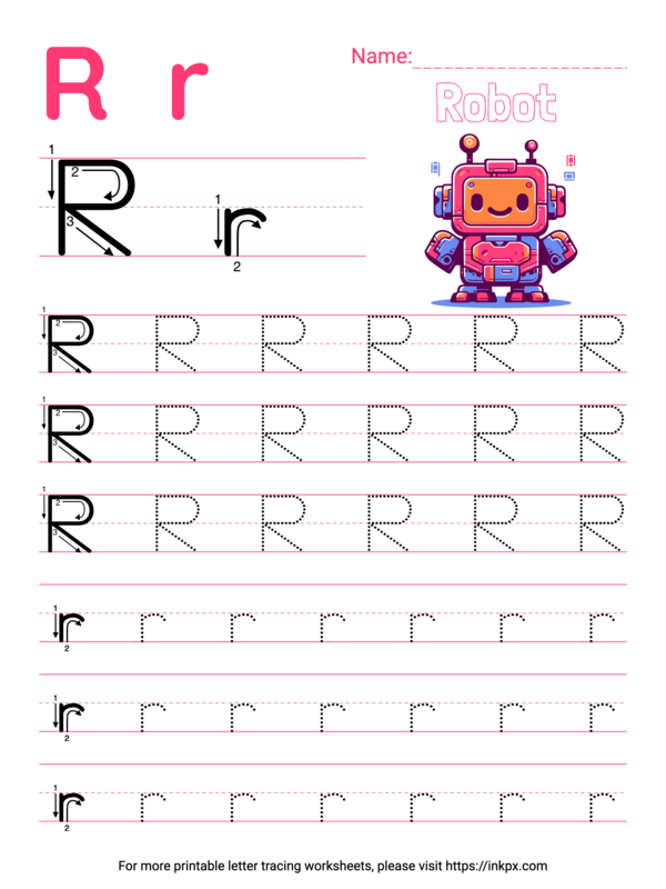 Pre-K worksheet for tracing lines and the letter R to build fine motor skills in American Sign Language