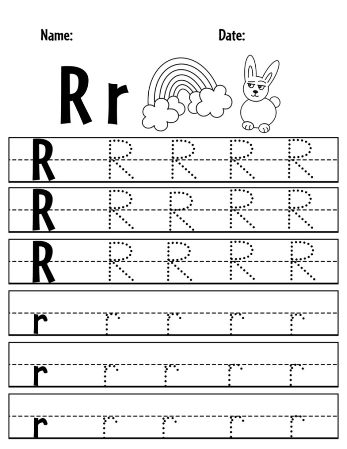 Pre-K worksheet showing tracing lines and the letter R to build fine motor skills in American Sign Language