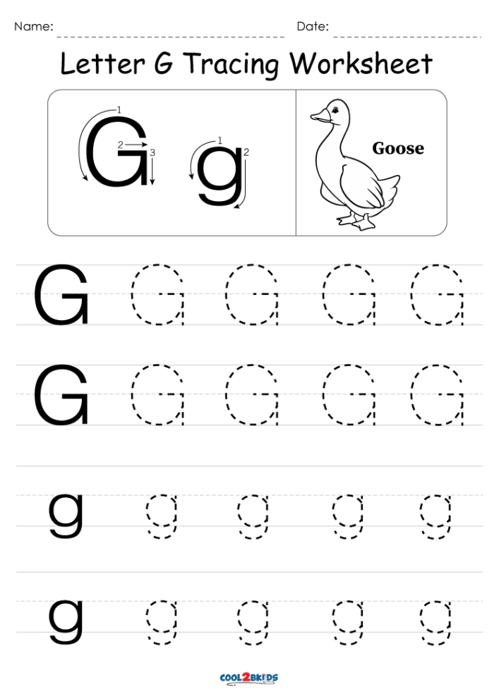 Tracing the letter G activity for preschoolers to improve writing abilities, worksheet image 6 Pre-K handwriting worksheet showing tracing lines and the letter G to develop fine motor skills