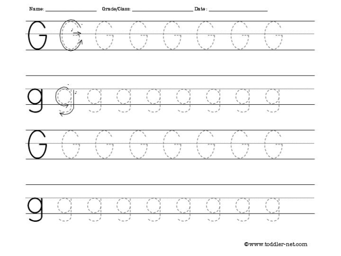 Tracing the letter G practice sheet for preschool children to improve writing skills Pre-K handwriting worksheet showing tracing exercises for the letter G to develop fine motor skills