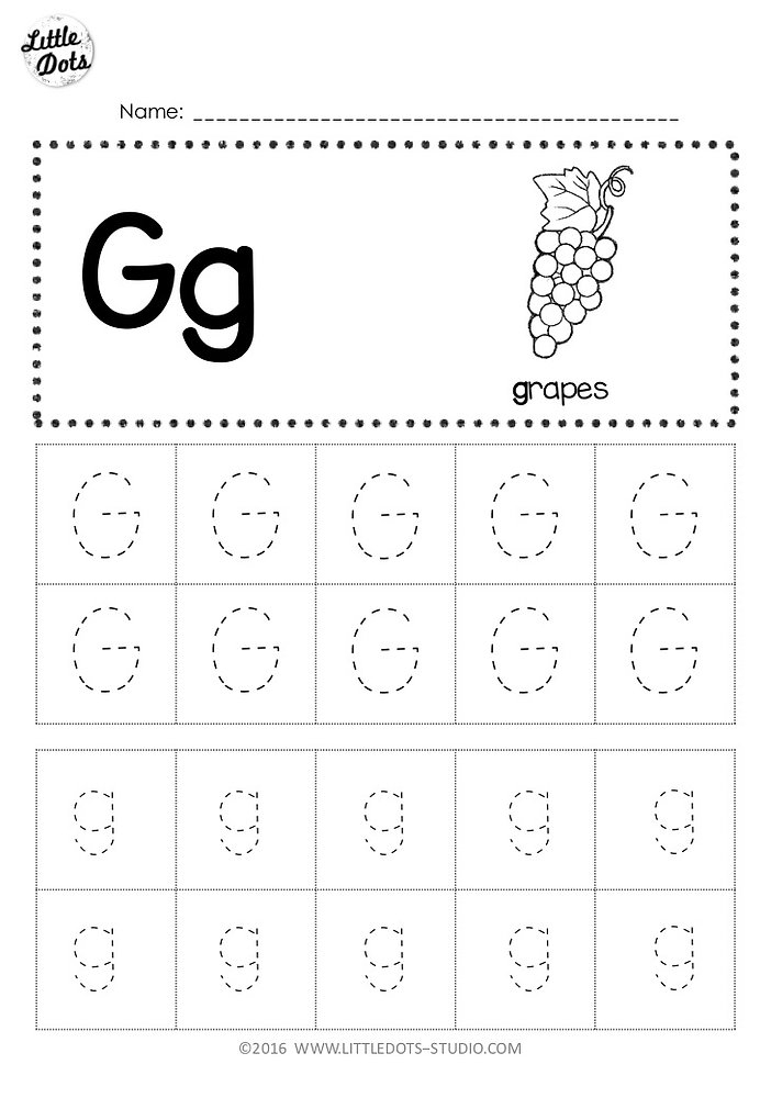 Tracing the letter G on a fine motor skills worksheet for preschoolers, image 12 Pre-K handwriting worksheet showing tracing exercises to develop fine motor skills and practice the letter G