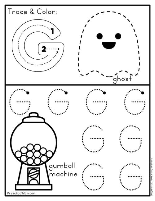 Practice Tracing the Letter G worksheet for prekindergarten handwriting skills development Pre-K handwriting worksheet showing tracing lines and the letter G to develop fine motor skills