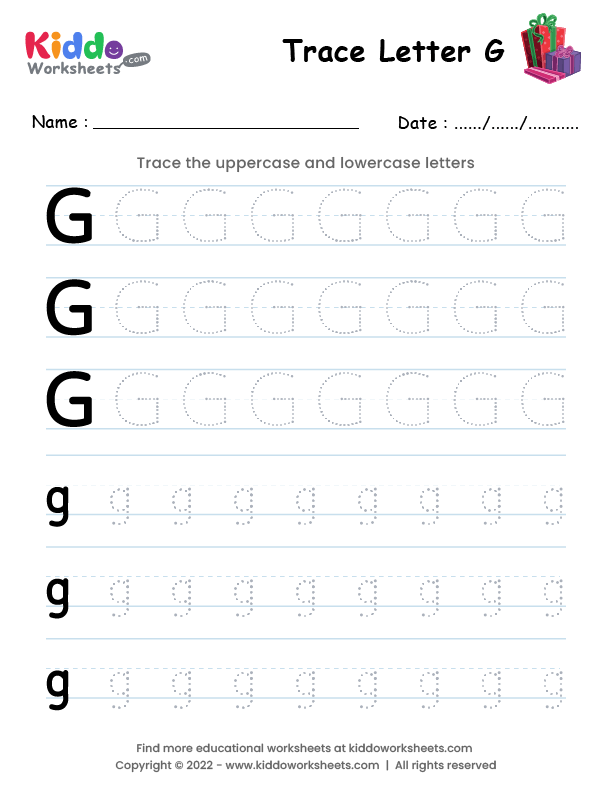 Practice Tracing the Letter G worksheet for early learners developing writing skills, image 13 Pre-K handwriting worksheet showing children tracing lines and the letter G to build fine motor skills