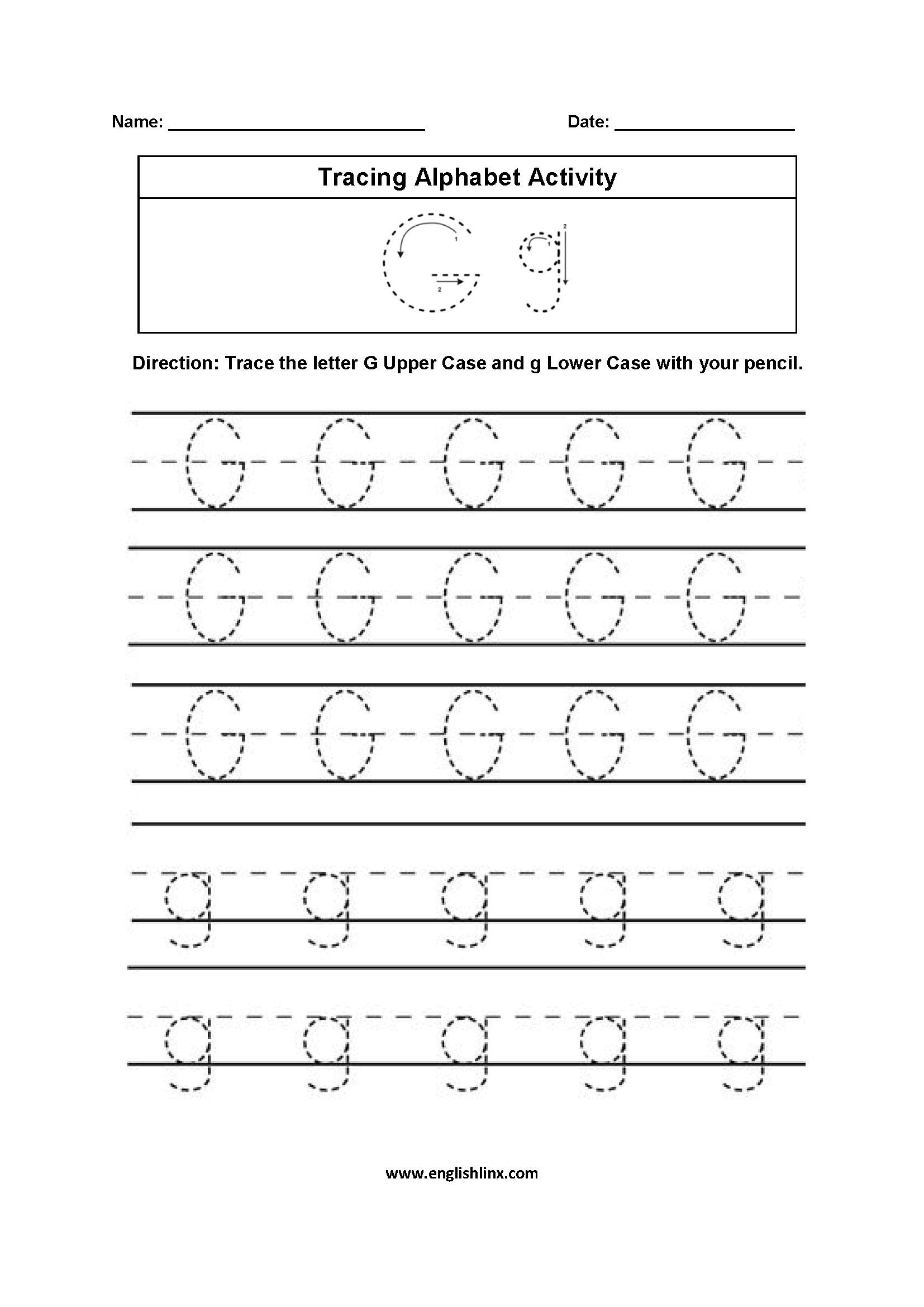 Prekindergarten Practice Tracing the Letter G Worksheet for Early Writing Skills 18 Pre-K handwriting worksheet showing tracing lines and the letter G to build fine motor skills