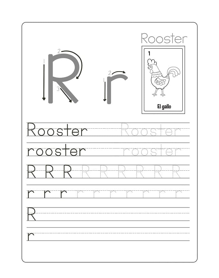 Pre-K worksheet showing tracing exercises to improve fine motor skills for the letter R in American Sign Language
