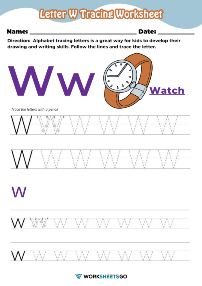 Tracing the letter W worksheet for preschool handwriting practice, image 25 Practice tracing lines and the letter W on a pre-K writing worksheet to build fine motor skills