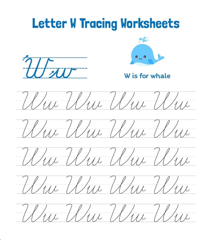 Tracing the letter W worksheet for young learners in word families category, image 8 Pre-K worksheet showing tracing lines and the letter W for fine motor skill practice