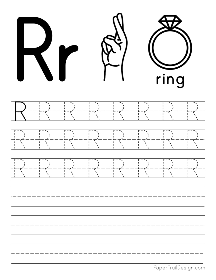 Pre-K worksheet for practicing tracing the letter R to build fine motor skills in American Sign Language