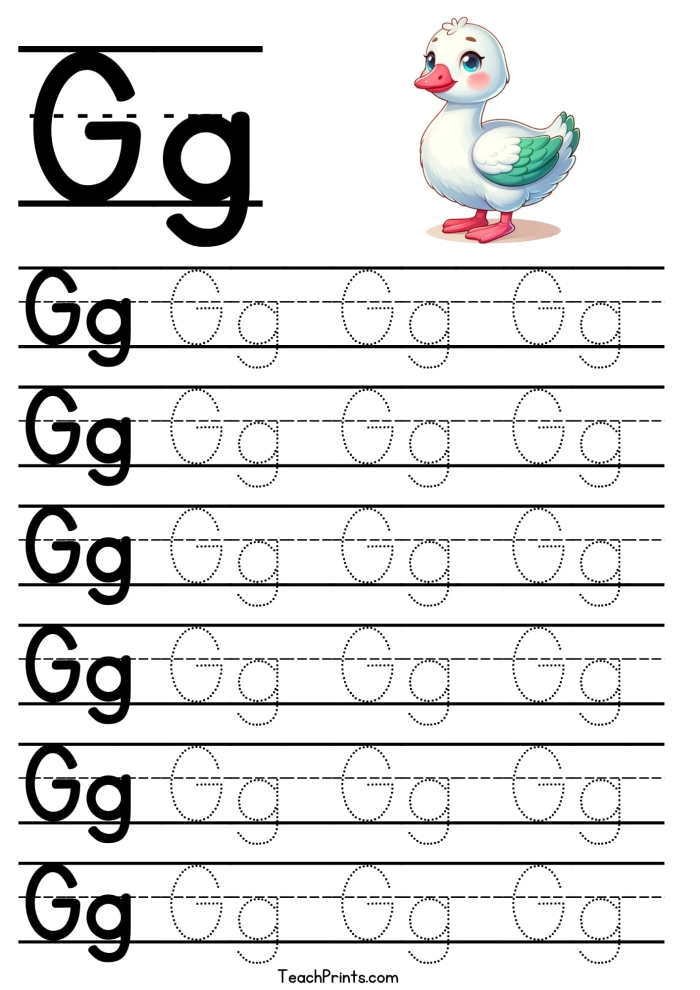 Tracing the letter G worksheet for preschool handwriting practice and motor skill development, image 14 Practice tracing various lines and the letter G on a pre-K handwriting worksheet to build fine motor skills