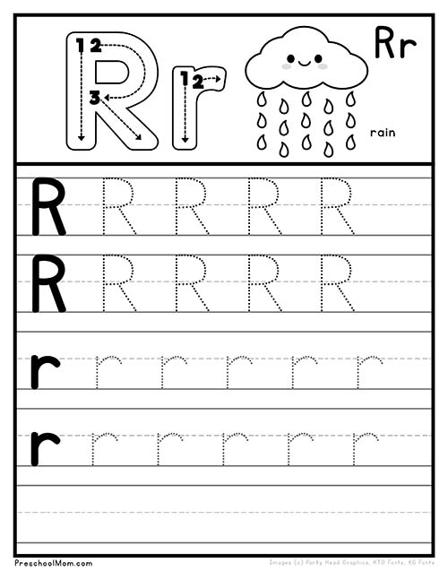 Pre-K worksheet for practicing tracing the letter R to build fine motor skills in American Sign Language