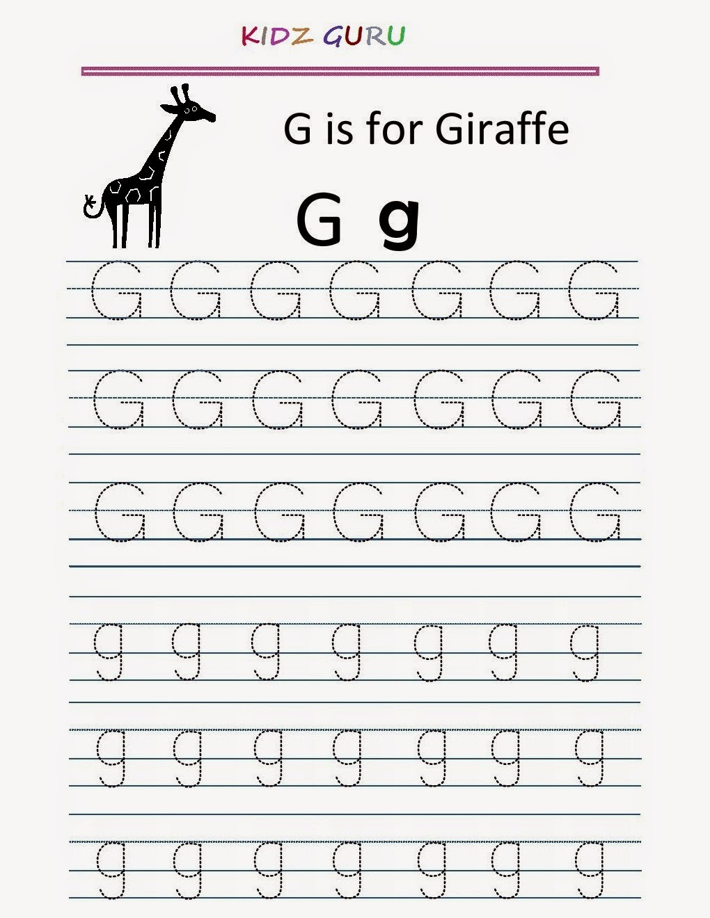 Tracing the Letter G worksheet for young learners developing writing abilities, image 5 Pre-K handwriting worksheet showing practice tracing lines and the letter G to build fine motor skills