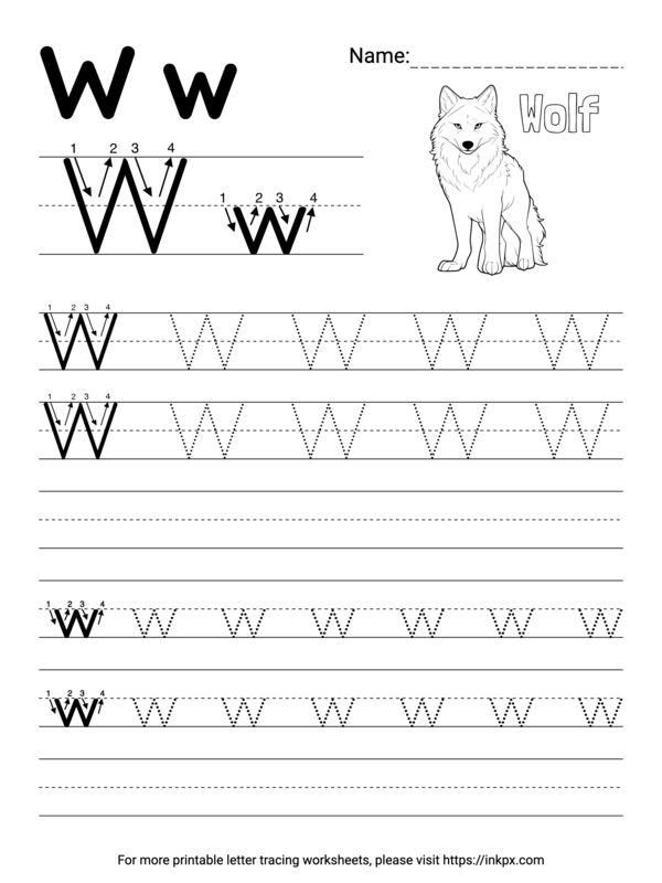 Tracing the letter W worksheet for prekindergarten learners in word families category Pre-K kids practicing tracing lines and the letter W on a worksheet to build fine motor skills