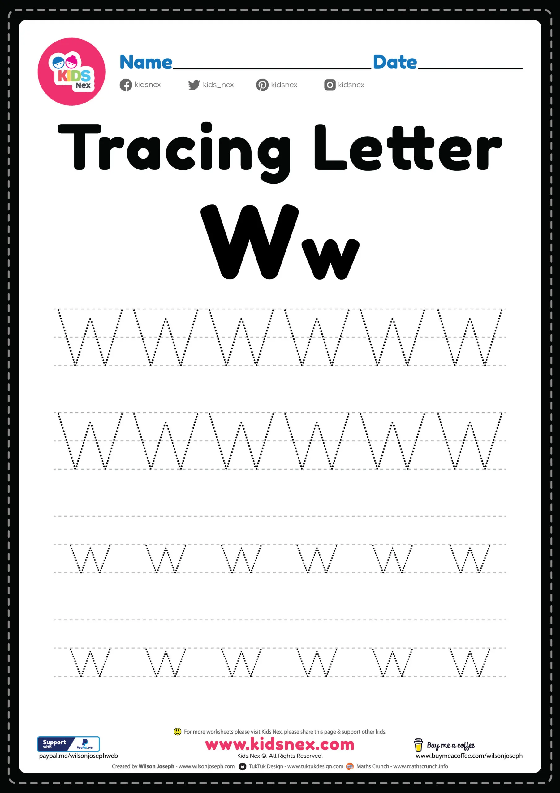 Tracing the letter W on a practice worksheet for early learners in word families Pre-K worksheet for tracing lines and the letter W to build fine motor skills