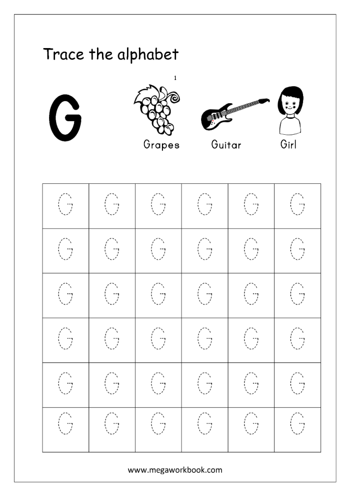 Practice tracing the letter G on a preschool worksheet to improve writing skills, image 9 Pre-K handwriting worksheet for tracing lines and the letter G to build fine motor skills