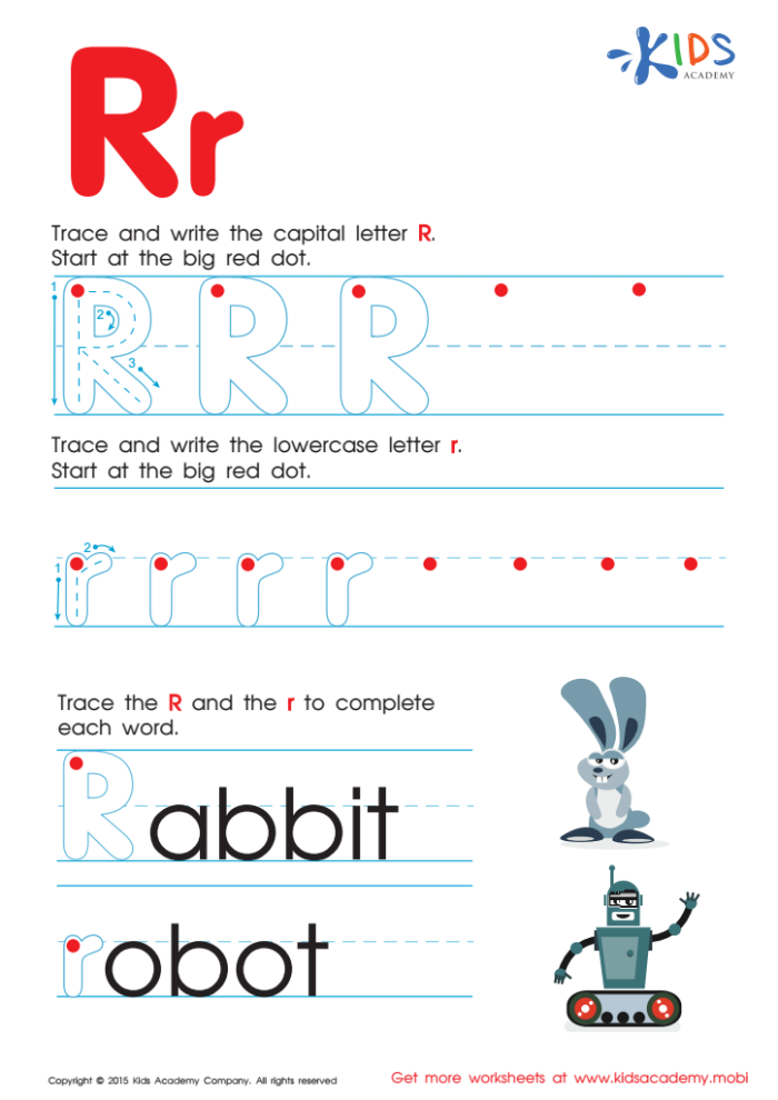 Pre-K worksheet for tracing lines and the letter R to build fine motor skills