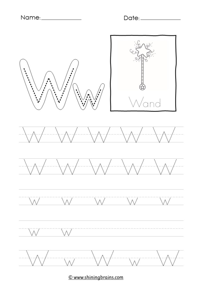 Letter W tracing practice worksheet for prekindergarten students focusing on early writing skills Pre-K worksheet for practicing tracing lines and the letter W to build fine motor skills