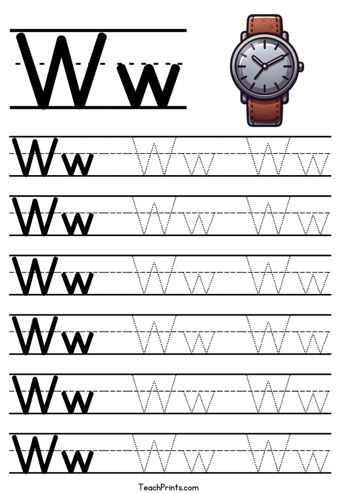 Prekindergarten worksheet for tracing the letter W and improving handwriting skills Practice tracing lines and the letter W on a pre-K writing worksheet to build fine motor skills