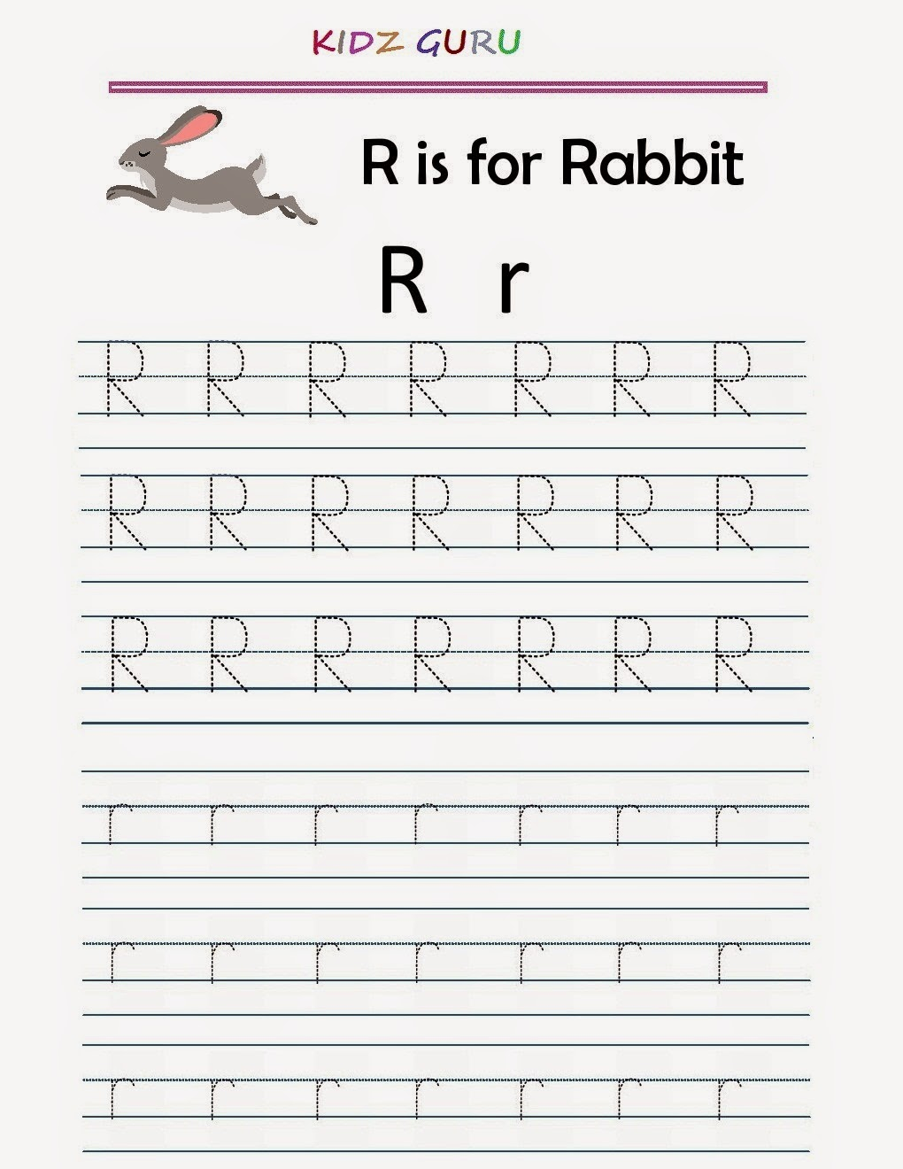 Pre-K worksheet showing kids tracing lines and the letter R to build fine motor skills for American Sign Language