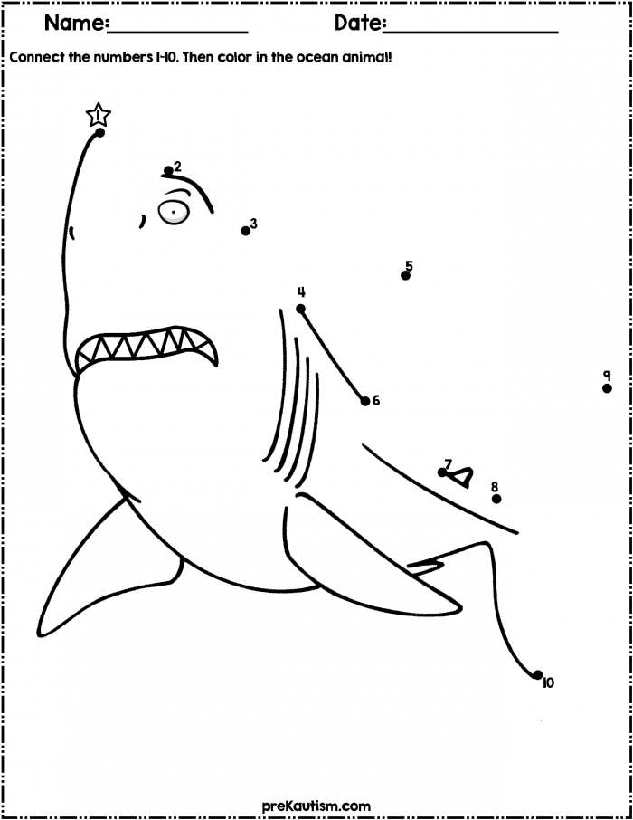 Fun Fish Dot to Dot Activity for Pre-K Multiplication Practice Connect the dots from 1 to 10 to reveal a fish on this playful worksheet