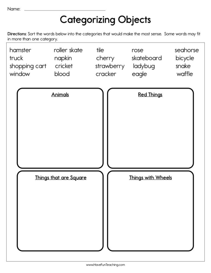 Pre-K children sorting various foods and drinks on a categorization worksheet for learning