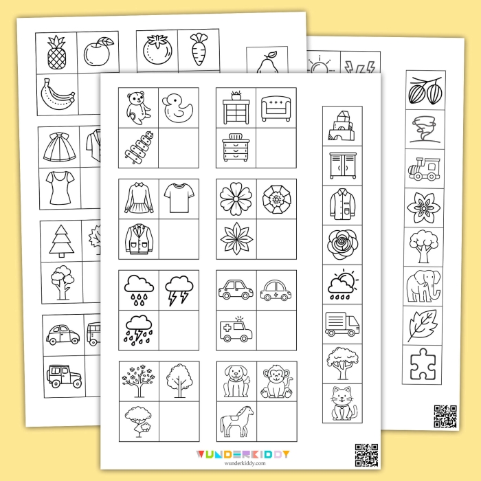 Pre-K children sorting different foods and drinks by category on a colorful worksheet