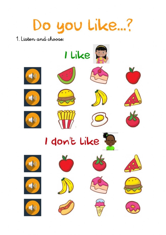 Pre-K children sorting various foods and drinks by category in a fun worksheet