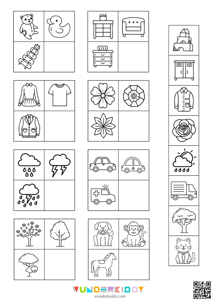 Pre-K kids sorting various foods and drinks in a fun categorization worksheet