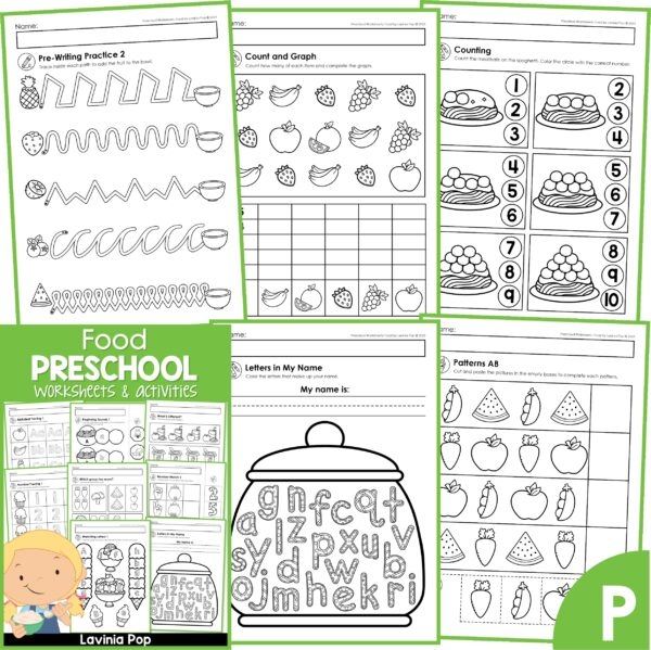Pre-K children sorting various foods and drinks on a colorful worksheet for categorization