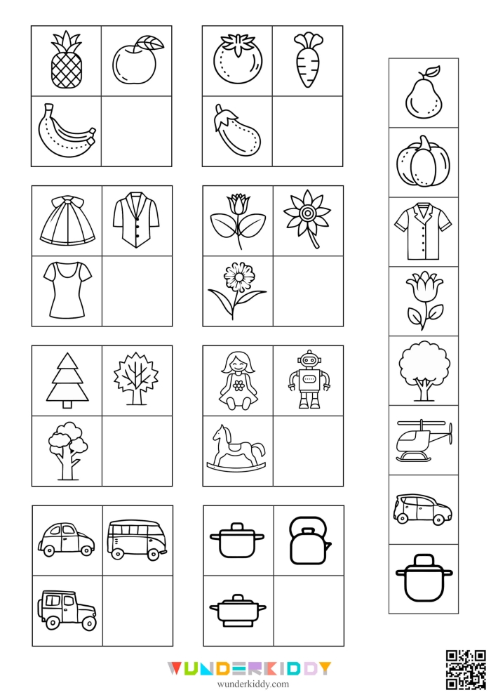 Pre-K children sorting different types of food and drinks in a fun categorization worksheet