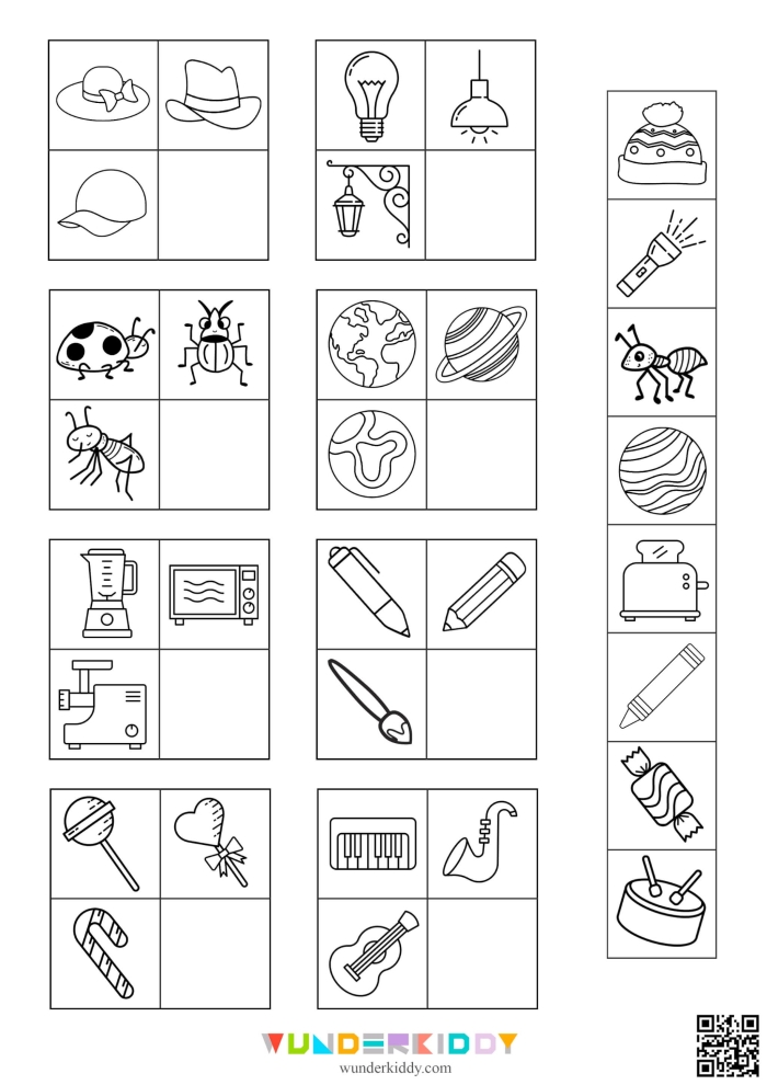 Pre-K children sorting various foods and drinks by type on a colorful worksheet