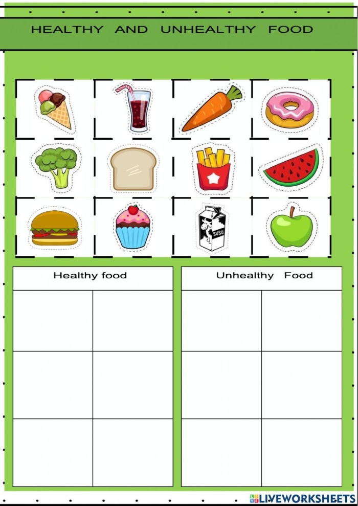 Pre-K children sorting various foods and drinks by type on a colorful worksheet
