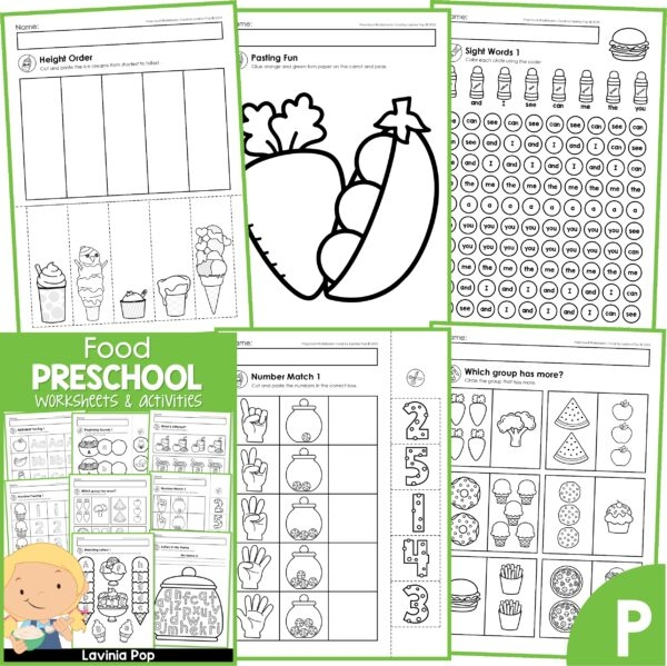 Pre-K children sorting various foods and drinks on a categorization worksheet for physical science