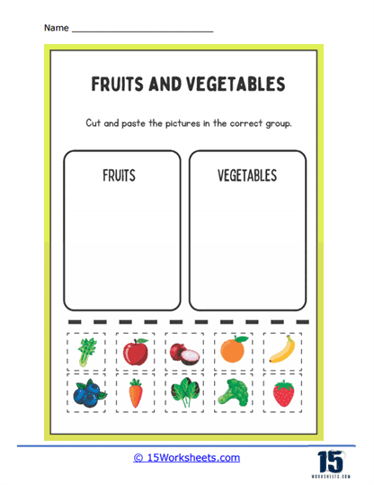 Pre-K children sorting different food and drink items in a fun categorization worksheet