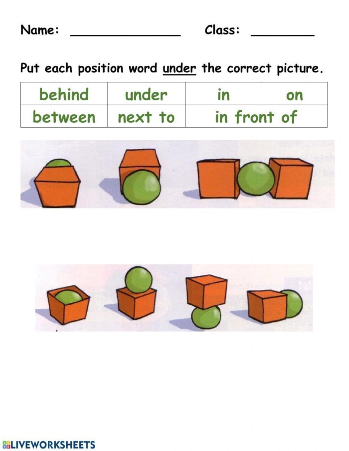 Pre-K Geometry worksheet for checking understanding of position words