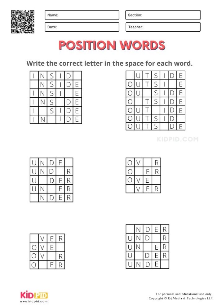 Pre-K geometry worksheet for checking understanding of position words
