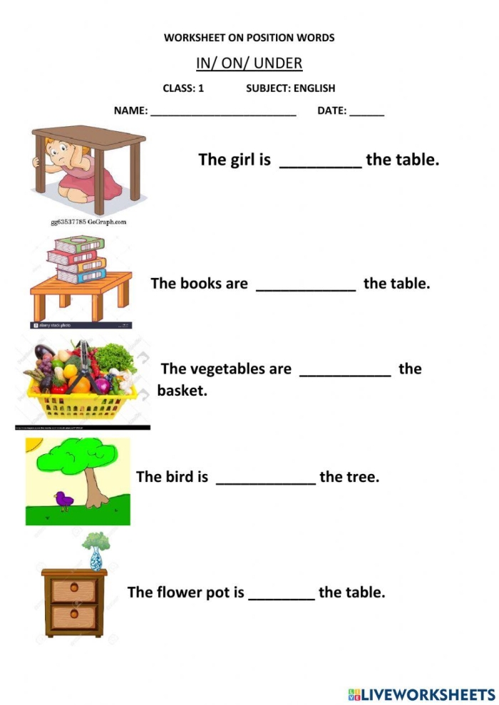 Position Word Check-In worksheet for Pre-K geometry skills assessment