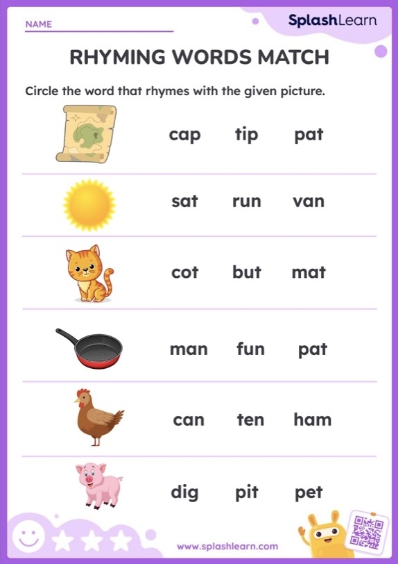 Rhyming word pairs activity for early German learners on worksheet 12 Pre-K children practicing rhyming word pairs in German on a colorful worksheet