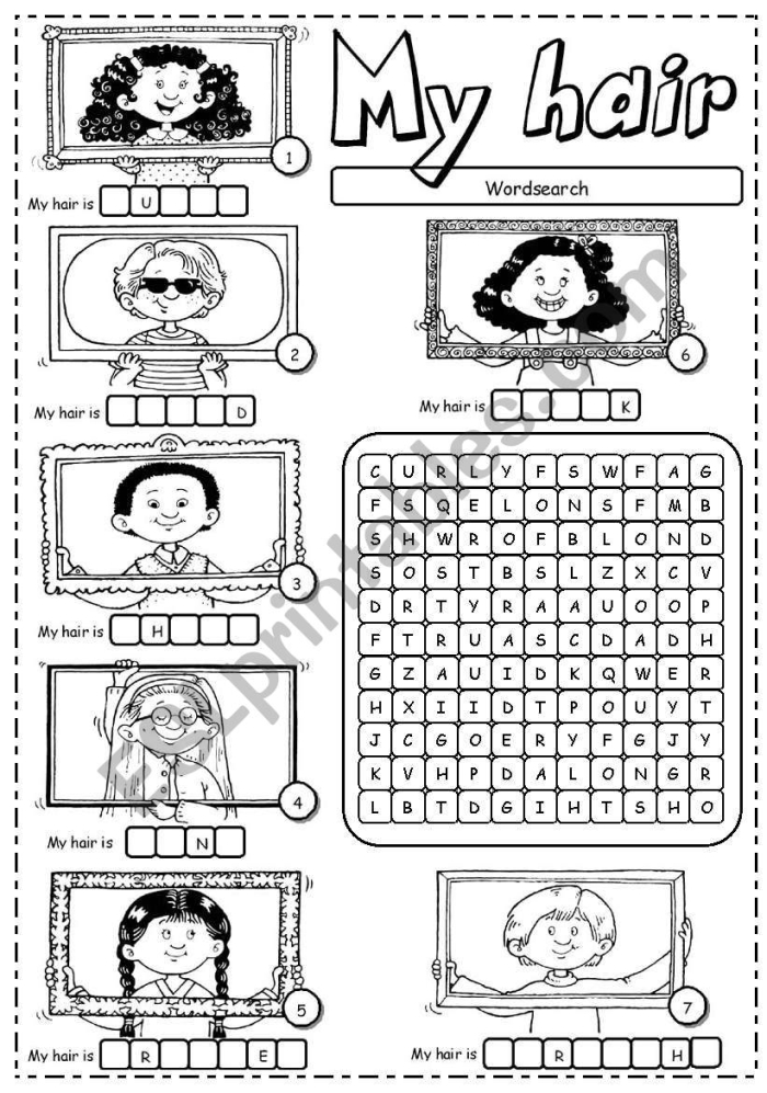 Child drawing their hairstyle in a mirror-themed All About My Hair worksheet for Pre-K