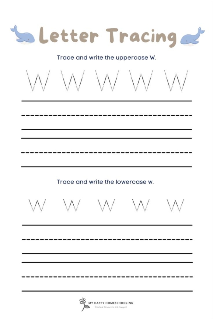 Tracing the letter W worksheet for prekindergarten fine motor skills development Pre-K kids practicing tracing lines and the letter W on a handwriting worksheet